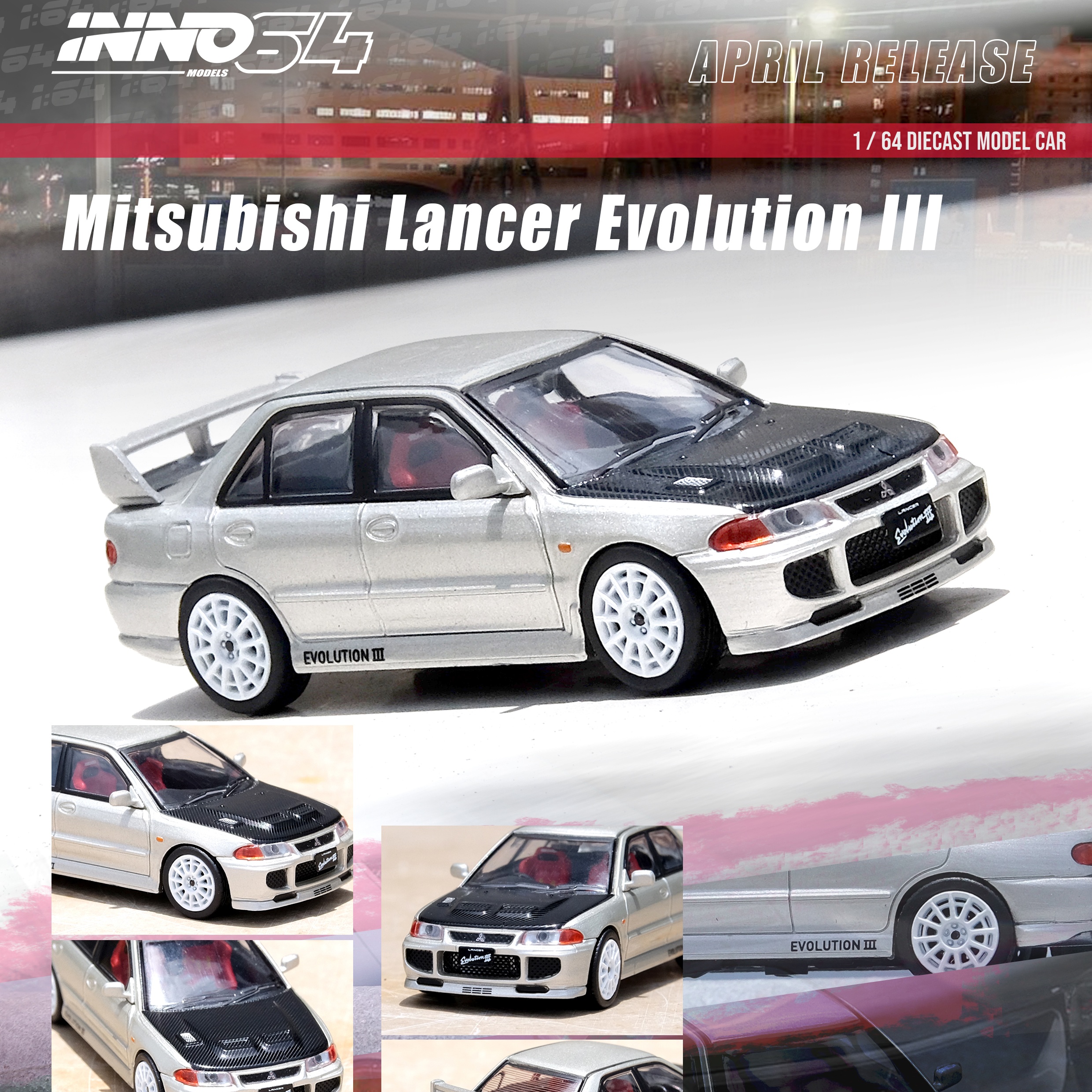 Inno64 Mitsubishi Lancer Evolution III Silver tapa Fibra de Carbón 1:64