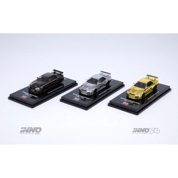 Inno64 3 Pack Nissan Skyline GT-R R34 Nismo R-Tune Chrome Black, Silver & Gold Hobby Expo China 2023 1:64