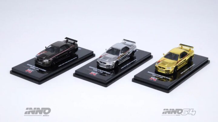 Inno64 3 Pack Nissan Skyline GT-R R34 Nismo R-Tune Chrome Black, Silver & Gold Hobby Expo China 2023 1:64