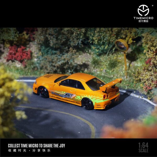 Preventa $31.99 Sin figura – Time Micro 1:64 Nissan GT-R (R34) Z-Tune – Homenaje a Toyota Supra MK4 Brian – Naranja (Pedidos hasta 11 de julio)