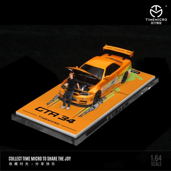 Preventa $37.99 Con figura – Time Micro 1:64 Nissan GT-R (R34) Z-Tune – Homenaje a Toyota Supra MK4 Brian – Naranja (Pedidos hasta 11 de julio)