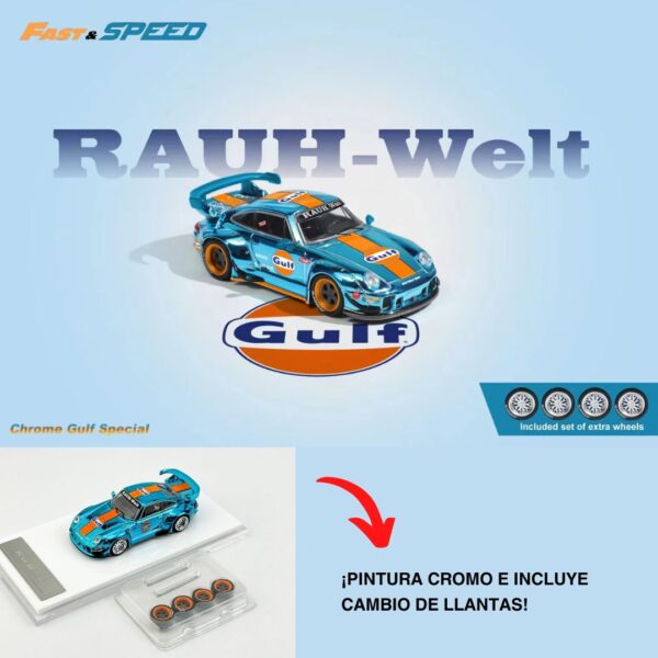 Preventa $33.99 - Fast Speed 1:64 Porsche RWB993 Livery Gulf - Cromo - Incluye cambio de llantas (Hasta agotar existencias)