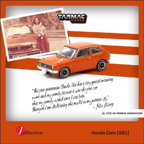 Preventa $16.99 Pago a plazos / $14.99 Pago adelantado – Tarmac x JCollection 1:64 Honda Civic "Primera Generación" Felix Kwong - Naranja (Hasta agotar existencias)