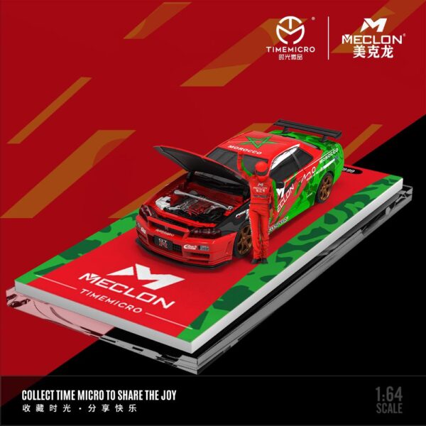 Preventa $36.99 - Con figura - Time Micro 1:64  Nissan GT-R (R34) - Livery Morocco Meclon - Abre tapas de motor y maletero (Pedidos hasta Sábado 16 de noviembre 2024)
