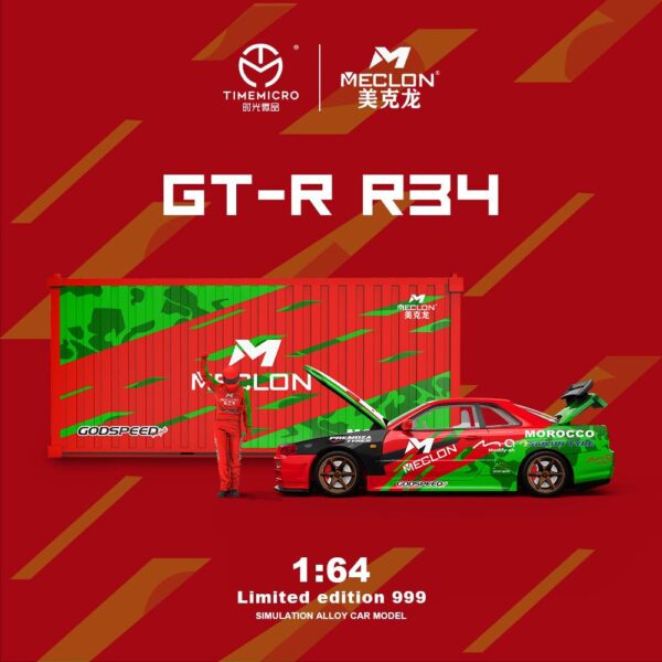 Preventa $46.99 - SET - Time Micro 1:64 Nissan GT-R (R34) - Livery Morocco Meclon - Abre tapas de motor y maletero (Pedidos hasta Sábado 16 de noviembre 2024)